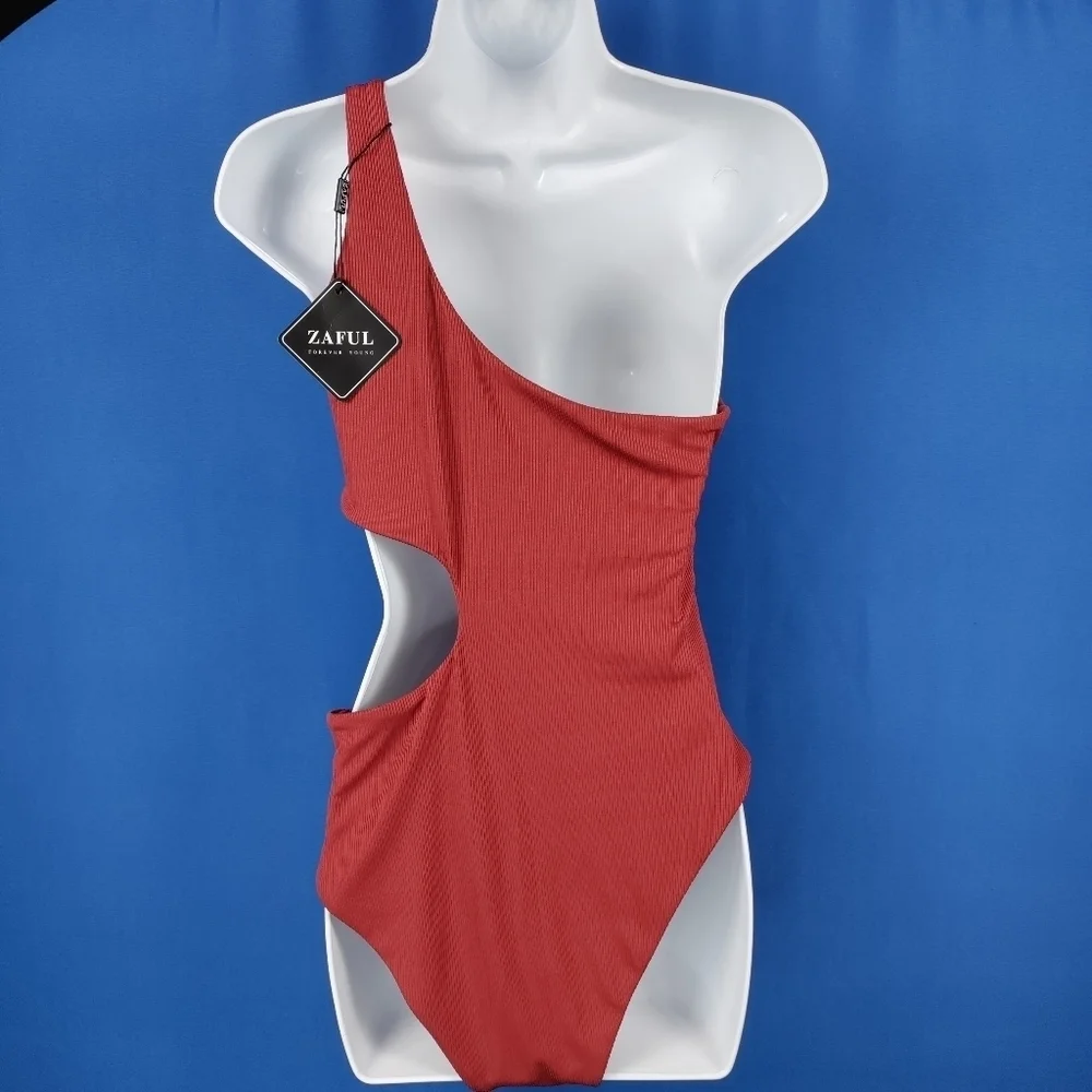 ZAFUL Women's One Shoulder Ribbed Bikini Colorblock Cutout One-Piece Swimsuit - Picture 6 of 7